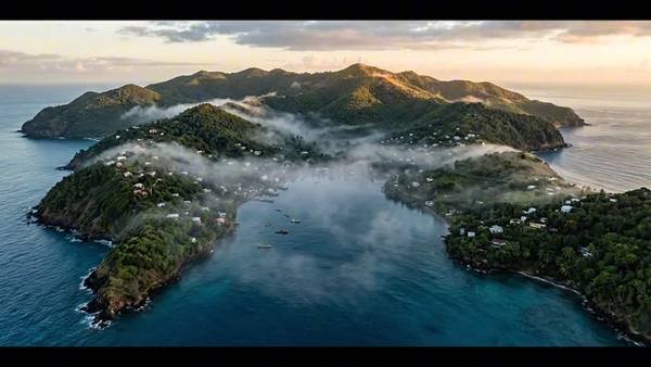 Still from VincyMoss Origin: aerial view of a misty Caribbean island bay